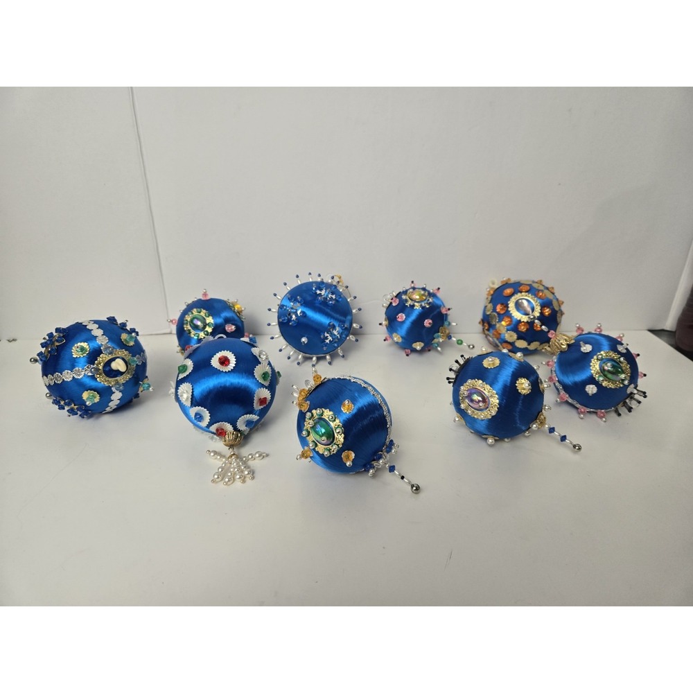 Vintage Christmas ornament push pin satin styrofoam ball lot blue sequin